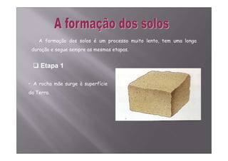 A formação dos solos é um processo muito lento, tem uma longa 
duração e segue sempre as mesmas etapas. 
 Etapa 1 
• A rocha mãe surge à superfície 
da Terra. 
 