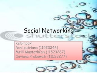 Social Networking
Kelompok:
Rani putriana (11523246)
Meili Mustathi’ah (11523267)
Deviana Prabawati (11523277)
 