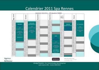 Calendrier 2011 Spa Rennes
                                                                          Calendrier 2010/2011 - SPA Aquatonic RENNES
            Sept. 2010




                                                                             Novembre




                                                                                                     Décembre
                                              Octobre




                                                                                                                                                                    Février
                                                                                                                                    2011
                                                                                                                                    Janv.
        Mer 01                               Ven 01                         Lun 01                  Mer 01                          Sam 01                  Mar 01
        Jeu 02                               Sam 02                         Mar 02                  Jeu 02                          Dim 02                  Mer 02
        Ven 03                               Dim 03       PARCOURS          Mer 03                  Ven 03                          Lun 03                  Jeu 03
        Sam 04             RENTRÉE           Lun 04     ABONNEMENTS         Jeu 04                  Sam 04                          Mar 04     MAILING      Ven 04               ST VALENTIN
        Dim 05           Abonnements         Mar 05                         Ven 05                  Dim 05                          Mer 05 Remise en forme Sam 05
        Lun 06                               Mer 06          radio          Sam 06                  Lun 06                          Jeu 06    Prospectus    Dim 06                    radio
        Mar 07                radio          Jeu 07     Hit West + Virgin   Dim 07                  Mar 07                          Ven 07   Abonnements    Lun 07                Virgin Radio
        Mer 08           Hit West + Virgin   Ven 08                         Lun 08                  Mer 08                          Sam 08     Coaching     Mar 08
        Jeu 09                               Sam 09        Prospectus       Mar 09                  Jeu 09                          Dim 09 Espace Aquatique Mer 09               Info Métropole
        Ven 10              Prospectus       Dim 10      Info Métropole     Mer 10                  Ven 10                          Lun 10                  Jeu 10                    Pilipili
        Sam 11            Info Métropole     Lun 11           Pilipili      Jeu 11                  Sam 11                          Mar 11                  Ven 11
        Dim 12                  JDE          Mar 12                         Ven 12                  Dim 12                          Mer 12                  Sam 12
        Lun 13              ABC Loisirs      Mer 13                         Sam 13                  Lun 13                          Jeu 13                  Dim 13
        Mar 14                               Jeu 14                         Dim 14                  Mar 14         NOËL             Ven 14                  Lun 14
        Mer 15             MAILING CE        Ven 15                         Lun 15                  Mer 15         Soins            Sam 15                  Mar 15
        Jeu 16                               Sam 16                         Mar 16                  Jeu 16        Parcours          Dim 16                  Mer 16
        Ven 17                               Dim 17                         Mer 17                  Ven 17      Abonnements         Lun 17                  Jeu 17
        Sam 18                               Lun 18                         Jeu 18                  Sam 18                          Mar 18                  Ven 18
        Dim 19                               Mar 19                         Ven 19                  Dim 19           radio          Mer 19                  Sam 19
        Lun 20                               Mer 20                         Sam 20                  Lun 20      Hit West + Virgin   Jeu 20                  Dim 20
        Mar 21                               Jeu 21                         Dim 21                  Mar 21                          Ven 21                  Lun 21
        Mer 22                               Ven 22                         Lun 22                  Mer 22         Prospectus       Sam 22                  Mar 22
        Jeu 23                               Sam 23                         Mar 23                  Jeu 23       Info Métropole     Dim 23                  Mer 23
        Ven 24                               Dim 24                         Mer 24                  Ven 24           Attirant       Lun 24                  Jeu 24
        Sam 25                               Lun 25                         Jeu 25                  Sam 25                          Mar 25                  Ven 25
        Dim 26                               Mar 26                         Ven 26                  Dim 26        NOTORIÉTÉ         Mer 26                  Sam 26
        Lun 27                               Mer 27                         Sam 27                  Lun 27       SPA et SOINS       Jeu 27                  Dim 27
                                                                                                                              2
        Mar 28                               Jeu 28                         Dim 28                  Mar 28        réseau 2m         Ven 28                         Lun 28
        Mer 29                               Ven 29                         Lun 29                  Mer 29                          Sam 29
        Jeu 30                               Sam 30                         Mar 30                  Jeu 30                          Dim 30
                                             Dim 31                                                 Ven 31                          Lun 31


Agence                                                                                                                                       Agence BELLECOUR Conseil
                                                                                                                                             11 rue du Clos Courtel - CS 30817

Bellecour                                                                                                                                    35708 RENNES Cedex 7


                                                                   Lénaïg Chareire - D.U. Communication des entreprises
                                                                                    Lycée Jeanne d’Arc - Année 2009/2010
 