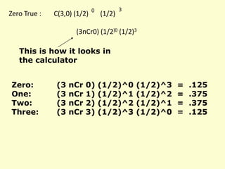 Zero True : C(3,0) (1/2) (1/2)
(3nCr0) (1/2)0 (1/2)3
0 3
This is how it looks in
the calculator
Zero: (3 nCr 0) (1/2)^0 (1/2)^3 = .125
One: (3 nCr 1) (1/2)^1 (1/2)^2 = .375
Two: (3 nCr 2) (1/2)^2 (1/2)^1 = .375
Three: (3 nCr 3) (1/2)^3 (1/2)^0 = .125
 