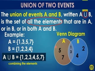 Sample Space
• is the set of ALL possible outcomes of an event.
List the sample space, S, for each of the following:
a. Tossing a coin.
S = {H, T}
b. Rolling a standard six-sided die.
S = {1, 2, 3 ,4, 5, 6}
c. Drawing a marble from a bag that contains two red,
three blue and one white marble.
S = {red, red, blue, blue, blue, white}
 