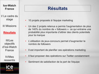 Résultats
• 10 projets proposés à l’équipe marketing
• Un des 2 projets retenus a permis l’augmentation de plus
de 140% du nombre de « followers » ce qui entraine une
probabilité plus importante d’attirer des clients potentiels
pour la marque
• L’utilisation de jeux-concours permet d’augmenter le
nombre de followers
• Il est important de planifier ces opérations marketing
• Il faut proposer des opérations sur Twitter constamment
• Sentiment de satisfaction de la part de l’équipe
Ice-Watch
France
I/ Le cadre du
stage
II/ Missions
Résultats
III/Les
objectifs
d’Ice-Watch
France
IV/Mes
ressentis
 