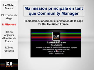 Ma mission principale en tant
que Community Manager
Planification, lancement et animation de la page
Twitter Ice-Watch France
Ice-Watch
France
I/ Le cadre du
stage
II/ Missions
III/Les
objectifs
d’Ice-Watch
France
IV/Mes
ressentis
 