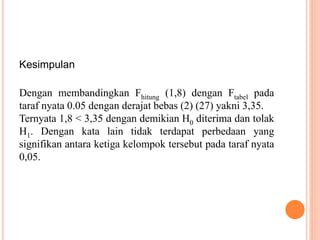 Kesimpulan 
Dengan membandingkan Fhitung (1,8) dengan Ftabel pada 
taraf nyata 0.05 dengan derajat bebas (2) (27) yakni 3,35. 
Ternyata 1,8 < 3,35 dengan demikian H0 diterima dan tolak 
H1. Dengan kata lain tidak terdapat perbedaan yang 
signifikan antara ketiga kelompok tersebut pada taraf nyata 
0,05. 
 