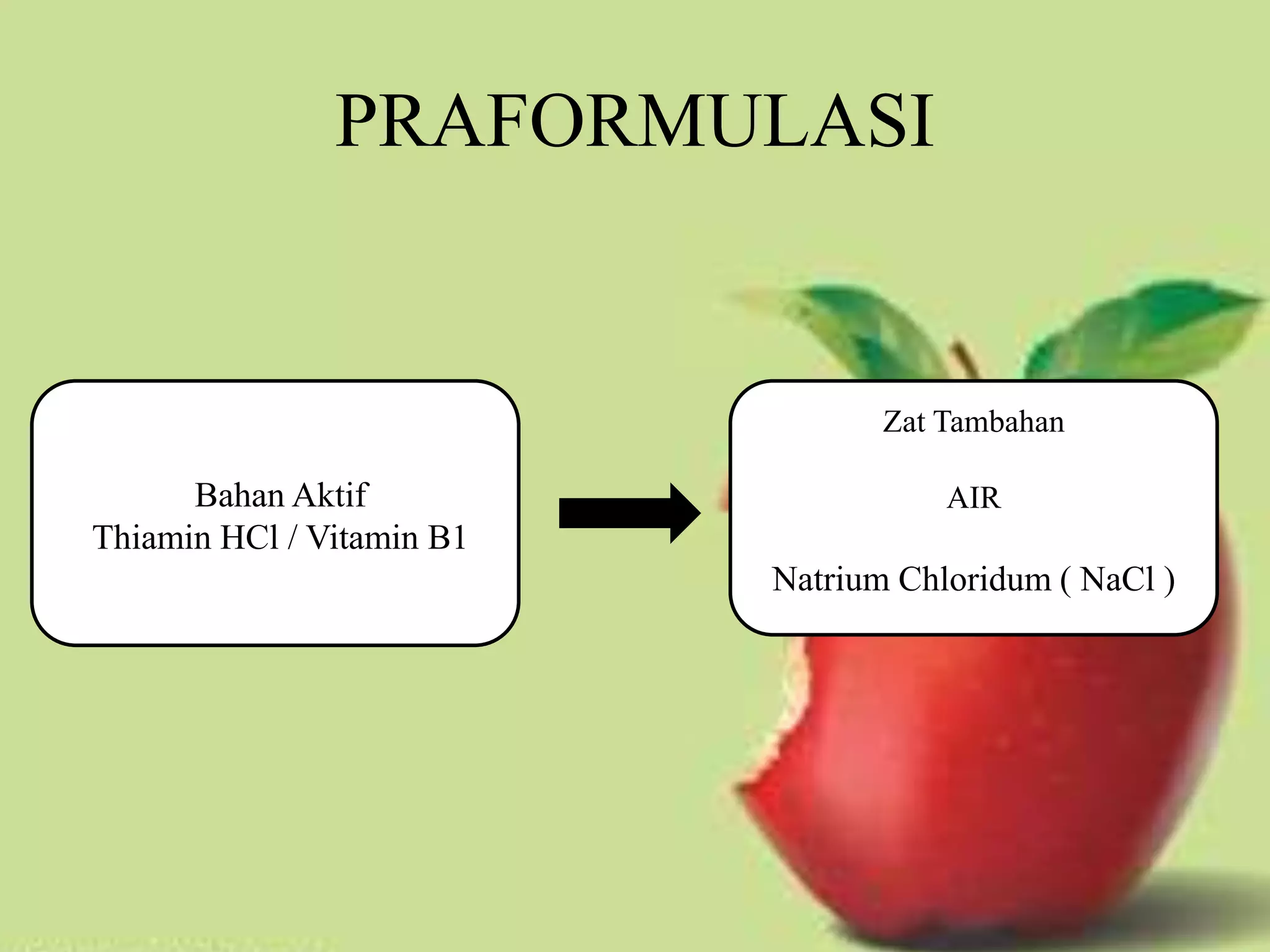 PRAFORMULASI
Bahan Aktif
Thiamin HCl / Vitamin B1
Zat Tambahan
AIR
Natrium Chloridum ( NaCl )
 