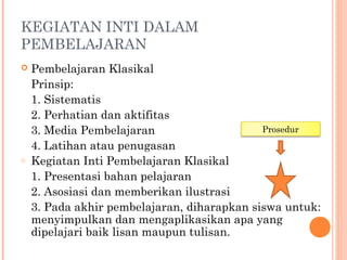 KEGIATAN INTI DALAM
PEMBELAJARAN
 Pembelajaran Klasikal
Prinsip:
1. Sistematis
2. Perhatian dan aktifitas
3. Media Pembelajaran
4. Latihan atau penugasan
o Kegiatan Inti Pembelajaran Klasikal
1. Presentasi bahan pelajaran
2. Asosiasi dan memberikan ilustrasi
3. Pada akhir pembelajaran, diharapkan siswa untuk:
menyimpulkan dan mengaplikasikan apa yang
dipelajari baik lisan maupun tulisan.
Prosedur
 