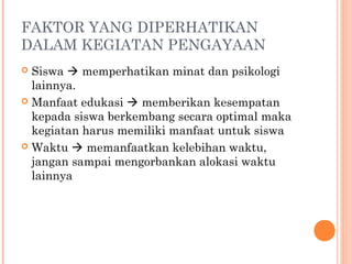 FAKTOR YANG DIPERHATIKAN
DALAM KEGIATAN PENGAYAAN
 Siswa  memperhatikan minat dan psikologi
lainnya.
 Manfaat edukasi  memberikan kesempatan
kepada siswa berkembang secara optimal maka
kegiatan harus memiliki manfaat untuk siswa
 Waktu  memanfaatkan kelebihan waktu,
jangan sampai mengorbankan alokasi waktu
lainnya
 