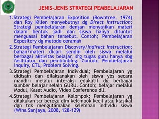 1.Strategi Pembelajaran Exposition (Rowntree, 1974)
dan Roy Killen menyebutnya dg Direct Instruction;
Strategi pembelajaran dengan menyajikan materi
dalam bentuk jadi dan siswa hanya dituntut
menguasai bahan tersebut. Contoh; Pembelajaran
Expository dg metode ceramah
2.Strategi Pembelajaran Discovery/Indirect Instruction;
bahan/materi dicari sendiri oleh siswa melalui
berbagai aktivitas belajar, shg tugas guru hanya sbg
fasilitator dan pembimbing. Contoh; Pembelajaran
Inquiry, CTL, Problem Solving.
3.Strategi Pembelajaran Individual; Pembelajaran yg
didisain dan dilaksanakan oleh siswa ybs secara
mandiri melalui interaksi edukatif dg berbagai
sumber belajar selain GURU. Contoh; belajar melalui
Modul, Kaset Audio, Video Conference dll.
4.Strategi Pembelajaran Kelompok; Pembelajaran yg
dilakukan scr beregu dlm kelompok kecil atau klasikal
dgn tdk mengutamakan kelebihan individu siswa
(Wina Sanjaya, 2008, 128-129)
 