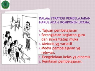 1. Tujuan pembelajaran
2. Serangkaian kegiatan guru
dan siswa/tatap muka
3. Metode yg variatif
4. Media pembelajaran yg
relevan.
5. Pengelolaan kelas yg dinamis
6. Penilaian pembelajaran.
 