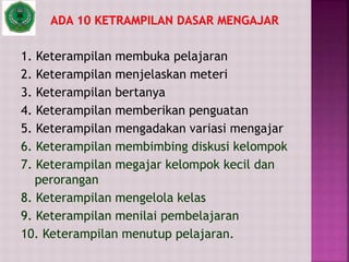 1. Keterampilan membuka pelajaran
2. Keterampilan menjelaskan meteri
3. Keterampilan bertanya
4. Keterampilan memberikan penguatan
5. Keterampilan mengadakan variasi mengajar
6. Keterampilan membimbing diskusi kelompok
7. Keterampilan megajar kelompok kecil dan
perorangan
8. Keterampilan mengelola kelas
9. Keterampilan menilai pembelajaran
10. Keterampilan menutup pelajaran.
 