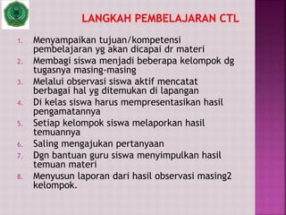 1. Menyampaikan tujuan/kompetensi
pembelajaran yg akan dicapai dr materi
2. Membagi siswa menjadi beberapa kelompok dg
tugasnya masing-masing
3. Melalui observasi siswa aktif mencatat
berbagai hal yg ditemukan di lapangan
4. Di kelas siswa harus mempresentasikan hasil
pengamatannya
5. Setiap kelompok siswa melaporkan hasil
temuannya
6. Saling mengajukan pertanyaan
7. Dgn bantuan guru siswa menyimpulkan hasil
temuan materi
8. Menyusun laporan dari hasil observasi masing2
kelompok.
 