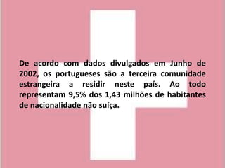 De acordo com dados divulgados em Junho de
2002, os portugueses são a terceira comunidade
estrangeira a residir neste país. Ao todo
representam 9,5% dos 1,43 milhões de habitantes
de nacionalidade não suíça.
 