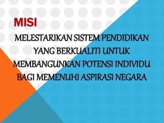 MISI
MELESTARIKAN SISTEM PENDIDIKAN
YANG BERKUALITI UNTUK
MEMBANGUNKAN POTENSI INDIVIDU
BAGI MEMENUHI ASPIRASI NEGARA
 