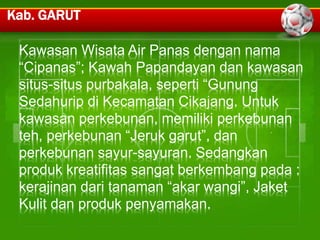 Kab. GARUT 
Kawasan Wisata Air Panas dengan nama 
“Cipanas”; Kawah Papandayan dan kawasan 
situs-situs purbakala, seperti “Gunung 
Sedahurip di Kecamatan Cikajang. Untuk 
kawasan perkebunan, memiliki perkebunan 
teh, perkebunan “Jeruk garut”, dan 
perkebunan sayur-sayuran. Sedangkan 
produk kreatifitas sangat berkembang pada : 
kerajinan dari tanaman “akar wangi”, Jaket 
Kulit dan produk penyamakan. 
 