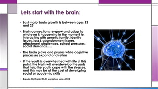 Lets start with the brain:
• Last major brain growth is between ages 13
and 25
• Brain connections re-grow and adapt to
whatever is happening in the moment ie
interacting with genetic family, identity
issues, loss & abandonment issues,
attachment challenges, school pressures,
social demands…..
• The brain grows and prunes while cognitive
processes expand and refine
• If the youth is overwhelmed with life at this
point, the brain will overdevelop the parts
that help the youth cope with the stresses,
and this may be at the cost of developing
social or academic skills
• Brenda McCreight Ph.D. workshop series 2014
 