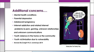  Mental health conditions
 Parental depression
 Adolescent pregnancy
 Internet addiction and related internet
problems ie porn, gaming, unknown relationships
and unknown communications
 Youth violence in the home or the community
 Youth victimization due to vulnerability
 Brenda McCreight Ph.D. workshops 2014
Additional concerns….
 