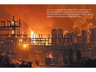 Une cuve d’isocyanate de méthyle (MIC) a explosé, libérant 
dans l’atmosphère un nuage de 40 tonnes de gaz toxique – 
dont la composition reste encore inconnue à ce jour – qui se 
répand sur une étendue de 25 km2 de la ville. 
 