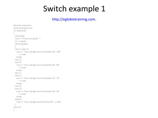 Switch example 1
                                          http://eglobiotraining.com.
#include <iostream>
using namespace std;
int main(void)
{
  char grade;
  cout << "Enter your grade: ";
  cin >> grade;
  switch (grade)
  {
  case 'a':case 'A':
    cout << "Your average must be between 90 - 100"
       << endl;
    break;
  case 'b':
  case 'B':
    cout << "Your average must be between 80 - 89"
       << endl;
    break;
  case 'c':
  case 'C':
    cout << "Your average must be between 70 - 79"
       << endl;
    break;
  case 'd':
  case 'D':
    cout << "Your average must be between 60 - 69"
       << endl;
    break;
  default:
    cout << "Your average must be below 60" << endl;
  }
return 0;
}
 