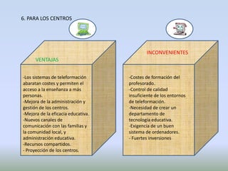 6. PARA LOS CENTROS




                                            INCONVENIENTES
      VENTAJAS


-Los sistemas de teleformación      -Costes de formación del
abaratan costes y permiten el       profesorado.
acceso a la enseñanza a más         -Control de calidad
personas.                           insuficiente de los entornos
-Mejora de la administración y      de teleformación.
gestión de los centros.             -Necesidad de crear un
-Mejora de la eficacia educativa.   departamento de
-Nuevos canales de                  tecnología educativa.
comunicación con las familias y     -Exigencia de un buen
la comunidad local, y               sistema de ordenadores.
administración educativa.           - Fuertes inversiones
-Recursos compartidos.
- Proyección de los centros.
 