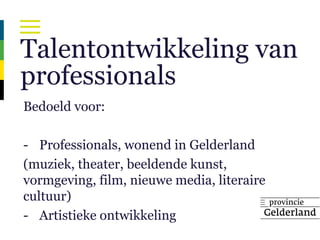 Talentontwikkeling van
professionals
Bedoeld voor:
- Professionals, wonend in Gelderland
(muziek, theater, beeldende kunst,
vormgeving, film, nieuwe media, literaire
cultuur)
- Artistieke ontwikkeling
 