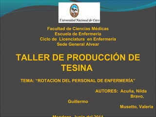 Facultad de Ciencias Médicas
              Escuela de Enfermería
       Ciclo de Licenciatura en Enfermería
               Sede General Alvear


TALLER DE PRODUCCIÓN DE
        TESINA
TEMA: “ROTACION DEL PERSONAL DE ENFERMERÍA”

                                AUTORES: Acuña, Nilda
                                             Bravo,
                   Guillermo
                                             Musetto, Valeria
 