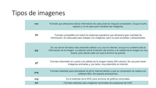 Tipos de imagenes
raw Formato que almacena toda la información de cada píxel sin ninguna compresión. Ocupa mucho
espacio y no es apto para visualizar las imágenes.
tiff Formato compatible con todos los sistemas operativos que almacena gran cantidad de
información. Es adecuado para trabajar con imágenes, pero no para enviarlas o almacenarlas.
jpg
Es uno de los formatos más extendido debido a su uso en internet, aunque no contiene toda la
información de la imagen. La relación entre el tamaño del archivo y la calidad de la imagen es muy
buena, pero pierde cada vez que el archivo se guarda.
gif
Formato intermedio en cuanto a la calidad de la imagen (hasta 256 colores). Se usa para hacer
imágenes animadas y, por tanto, muy extendido en internet.
png
Formato diseñado para reemplazar al gif en internet debido a que su compresión se realiza con
software libre. No soporta animaciones.
svg Es el estándar de la W3C para archivos de gráficos vectoriales.
dxf Formato estándar para imágenes vectoriales de programas de CAD.
 