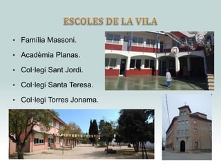 • Família Massoni.
• Acadèmia Planas.
• Col·legi Sant Jordi.
• Col·legi Santa Teresa.
• Col·legi Torres Jonama.
 