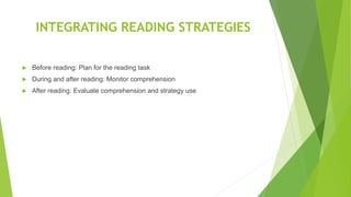 INTEGRATING READING STRATEGIES
 Before reading: Plan for the reading task
 During and after reading: Monitor comprehension
 After reading: Evaluate comprehension and strategy use
 