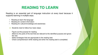 READING TO LEARN
Reading is an essential part of language instruction at every level because it
supports learning in multiple ways.
• Reading to learn the language
• Reading for content information
• Reading for cultural knowledge and awareness
 Students need to follow four basic steps:
• Figure out the purpose for reading.
• Attend to the parts of the text that are relevant to the identified purpose and ignore
the rest.
• Select strategies that are appropriate to the reading task
• Check comprehension while reading and when the reading task is completed.
 