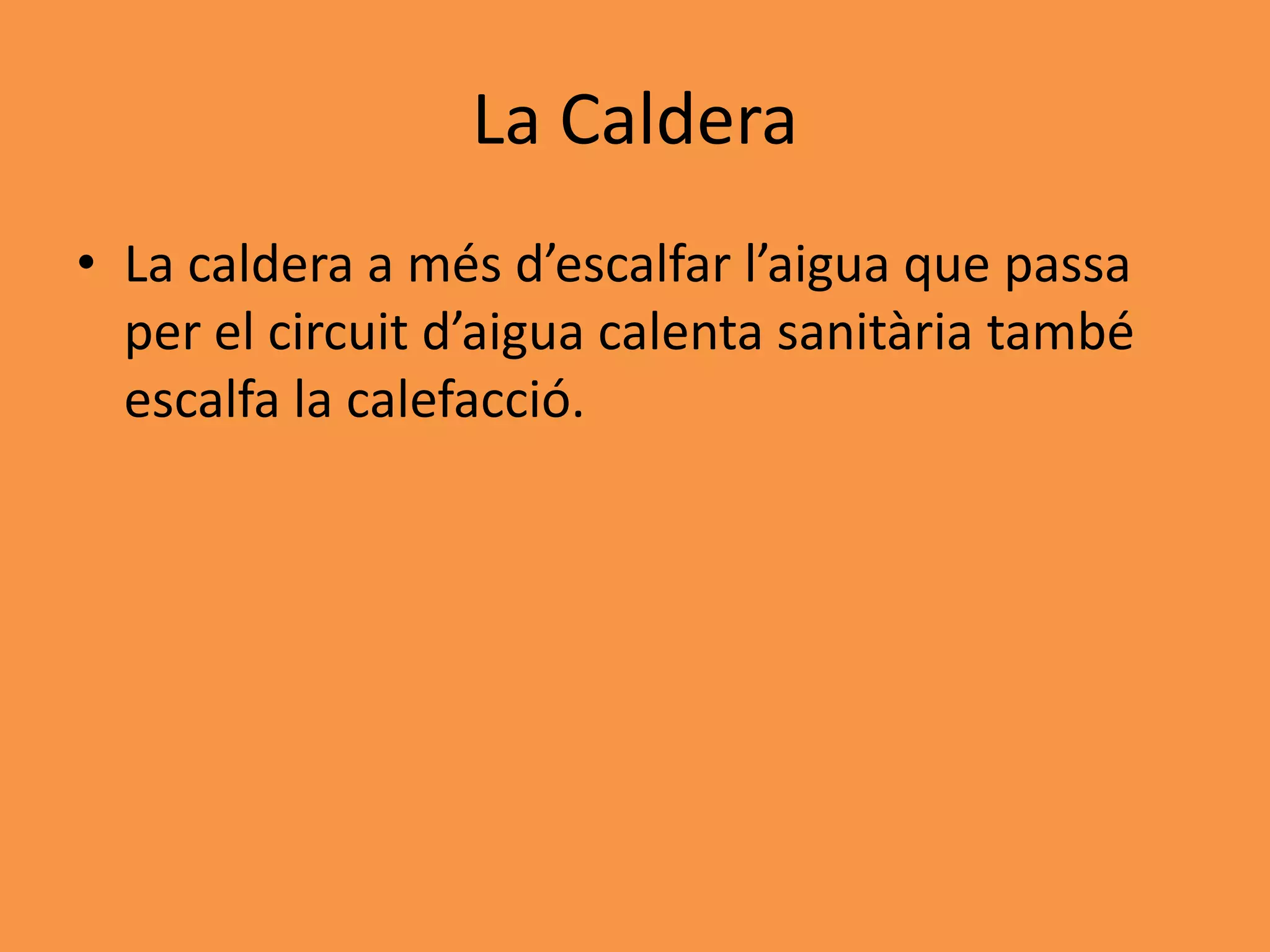 La Caldera
• La caldera a més d’escalfar l’aigua que passa
  per el circuit d’aigua calenta sanitària també
  escalfa la calefacció.
 