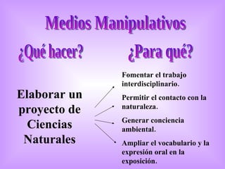 Medios Manipulativos ¿Qué hacer? ¿Para qué? Elaborar un proyecto de Ciencias Naturales Fomentar el trabajo interdisciplinario. Permitir el contacto con la naturaleza. Generar conciencia ambiental. Ampliar el vocabulario y la expresión oral en la exposición. 