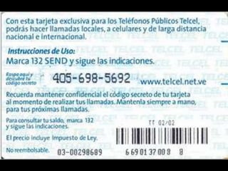 Colección Tarjetas Telefonicas Venezuela Telcel Memoria Remota (2002) Catálogo 1