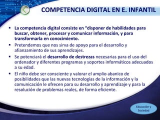 LOGO
COMPETENCIA DIGITAL EN E. INFANTIL
 La competencia digital consiste en “disponer de habilidades para
buscar, obtener, procesar y comunicar información, y para
transformarla en conocimiento.
 Pretendemos que nos sirva de apoyo para el desarrollo y
afianzamiento de sus aprendizajes.
 Se potenciará el desarrollo de destrezas necesarias para el uso del
ordenador y diferentes programas y soportes informáticos adecuados
a su edad.
 El niño debe ser consciente y valorar el amplio abanico de
posibilidades que las nuevas tecnologías de la información y la
comunicación le ofrecen para su desarrollo y aprendizaje y para la
resolución de problemas reales, de forma eficiente.
Educación y
Sociedad
 