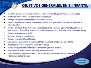LOGO
OBJETIVOS GENERALES, EN E. INFANTIL
 Acercarse a producciones audiovisuales como películas, dibujos animados o videojuegos.
 Valorar de forma crítica sus contenidos y su estética.
 Distinguir progresivamente representación de realidad.
 Visionar representaciones visuales del entorno infantil que atiendan a aspectos emotivos e
interculturales.
 Iniciarse en el uso de instrumentos tecnológicos como ordenador, pizarra digital, cámara o
reproductores de sonido e imagen: encendido y apagado; uso de iconos abre y cierra ventanas.
 Ejecutar un programa sencillo.
 Seguir un itinerario con el ratón.
 Usar, de forma sencilla, el teclado.
 Manejar, con autonomía, programas conocidos, incluso si requieren CD externo.
 Reconocer y utilizar programas sencillos de dibujo.
 Utilizar programas con plantillas que proponen ejercicios diversos.
 Seguir enlaces en situaciones de navegación controlada.
 Toma progresiva de conciencia de la necesidad de un uso moderado de los medios audiovisuales
y de las nuevas tecnologías.
Educación y
Sociedad
 