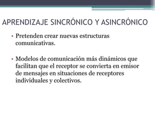 APRENDIZAJE SINCRÓNICO Y ASINCRÓNICO
• Pretenden crear nuevas estructuras
comunicativas.
• Modelos de comunicación más dinámicos que
facilitan que el receptor se convierta en emisor
de mensajes en situaciones de receptores
individuales y colectivos.
 