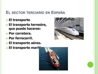 EL SECTOR TERCIARIO EN ESPAÑA
 El transporte
 El transporte terrestre,
  que puede hacerse:
 Por carretera.

 Por ferrocarril.

 El transporte aéreo.

 El transporte marítimo.
 