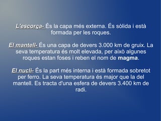 L'escorça- És la capa més externa. És sòlida i està
               formada per les roques.

El mantell- És una capa de devers 3.000 km de gruix. La
   seva temperatura és molt elevada, per això algunes
     roques estan foses i reben el nom de magma.

 El nucli- És la part més interna i està formada sobretot
   per ferro. La seva temperatura és major que la del
 mantell. Es tracta d'una esfera de devers 3.400 km de
                           radi.
 