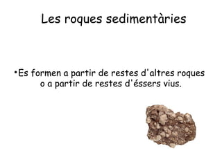 Les roques sedimentàries




 Es formen a partir de restes d'altres roques
      o a partir de restes d'éssers vius.
 