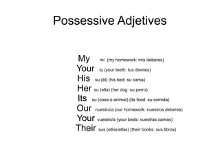 Possessive Adjetives
My mi (my homework: mis deberes)
Your tu (your teeth: tus dientes)
His su (él) (his bed: su cama)
Her su (ella) (her dog: su perro)
Its su (cosa o animal) (its food: su comida)
Our nuestro/a (our homework: nuestros deberes)
Your vuestro/a (your beds: vuestras camas)
Their sus (ellos/ellas) (their books: sus libros)
 