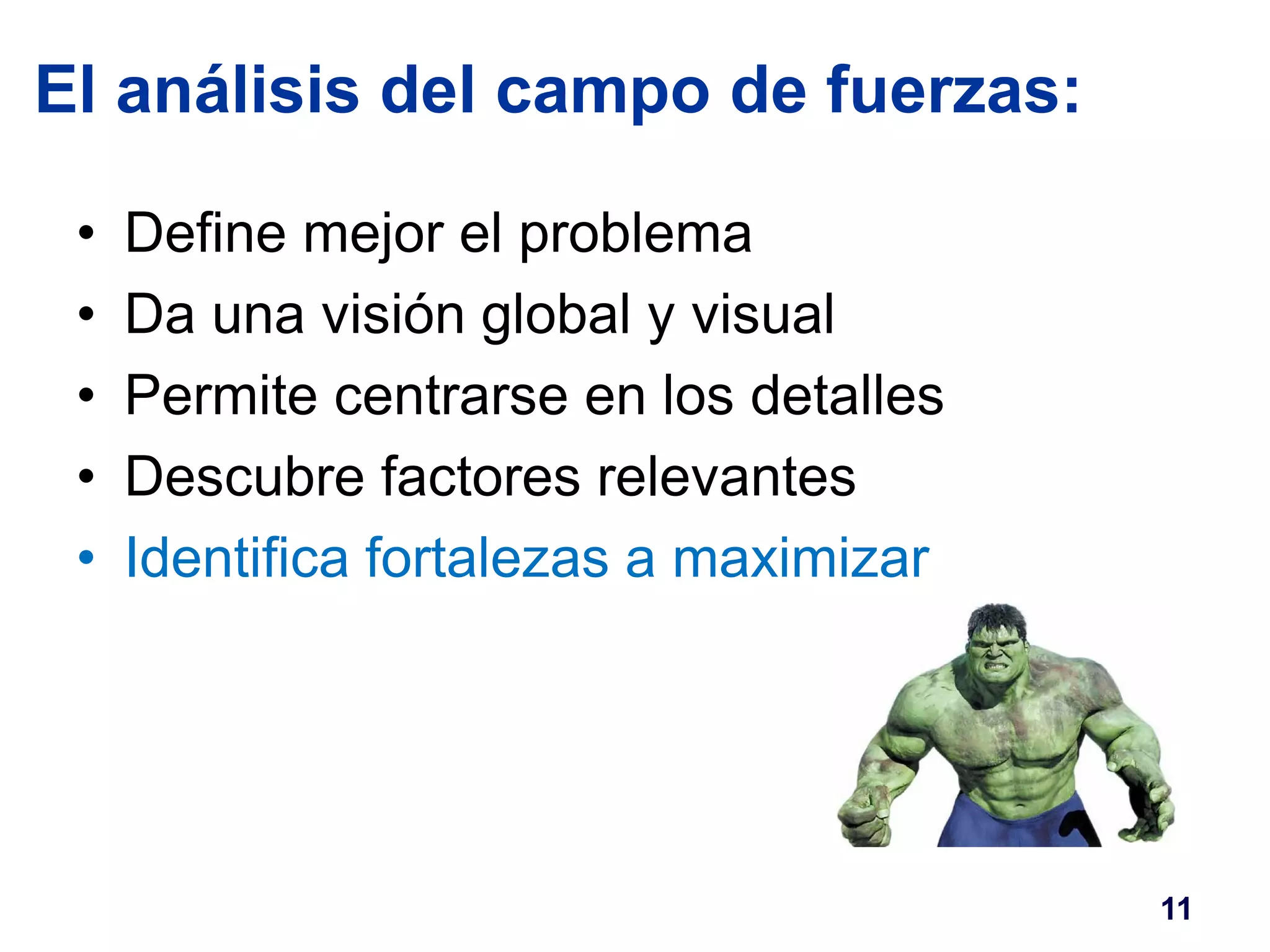 El análisis del campo de fuerzas: 
• Define mejor el problema 
• Da una visión global y visual 
• Permite centrarse en los detalles 
• Descubre factores relevantes 
• Identifica fortalezas a maximizar 
11 
 