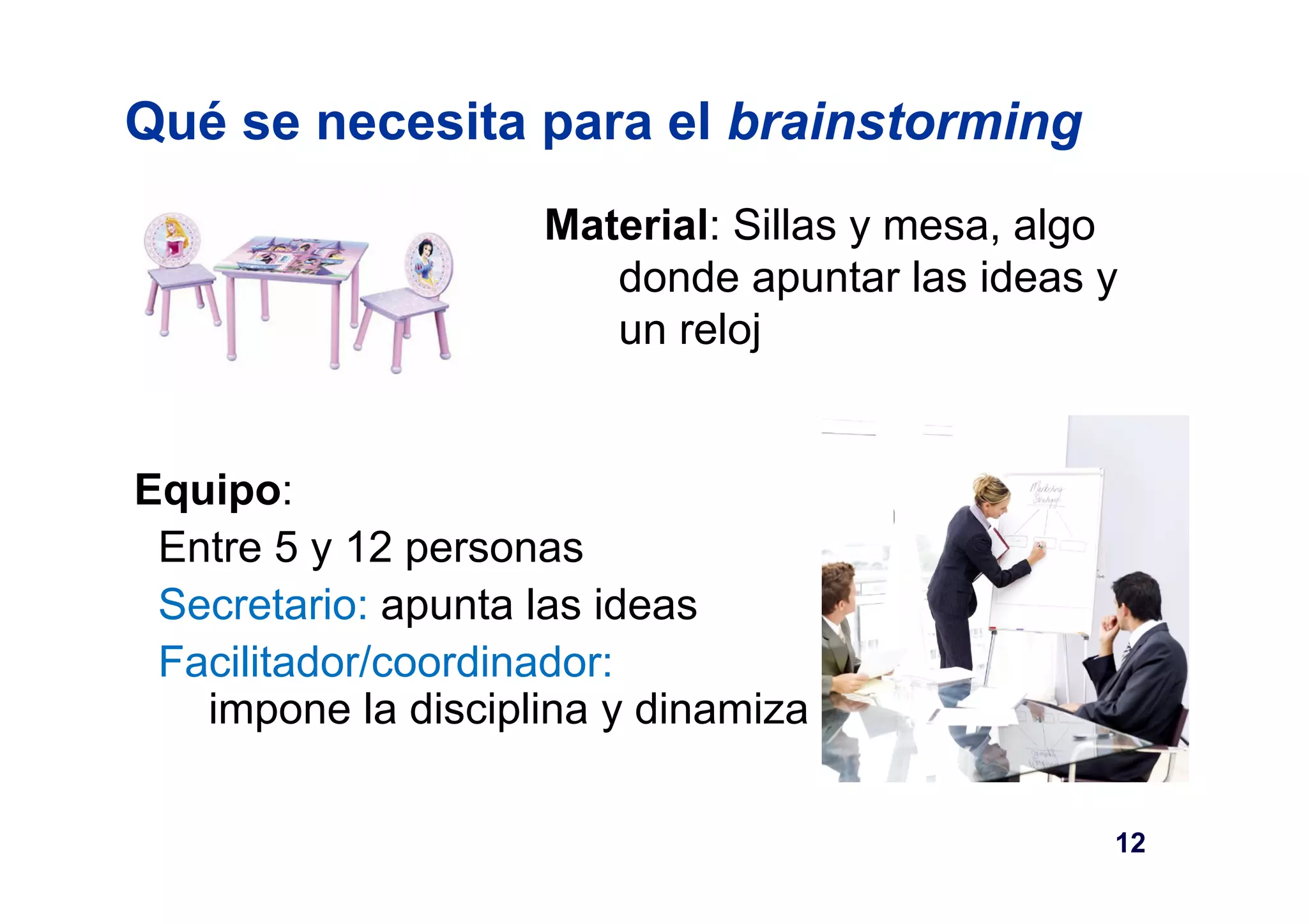 Qué se necesita para el brainstorming 
Material: Sillas y mesa, algo 
donde apuntar las ideas y 
un reloj 
Equipo: 
Entre 5 y 12 personas 
Secretario: apunta las ideas 
Facilitador/coordinador: 
impone la disciplina y dinamiza 
12 
 