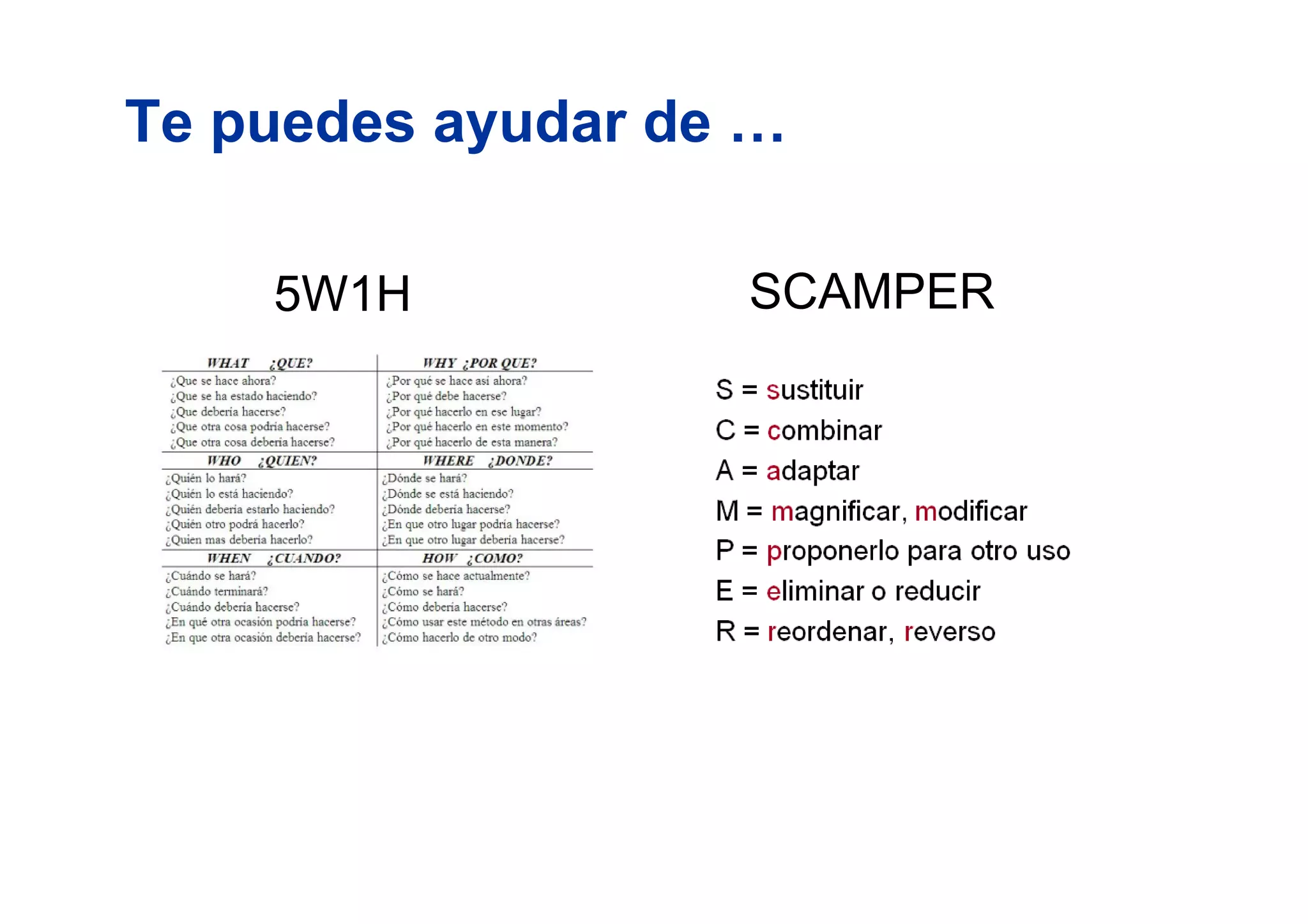 Te puedes ayudar de … 
5W1H SCAMPER 
