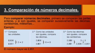 3. Comparación de números decimales.
Para comparar números decimales, primero se comparan las partes
enteras, y si son iguales, se comparan sucesivamente las décimas,
centésimas, milésimas...
Ejemplo:
El número mayor es 2,851
 