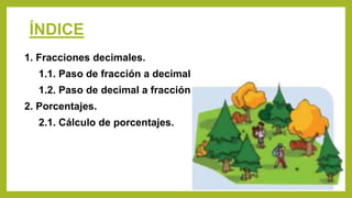 ÍNDICE
1. Fracciones decimales.
1.1. Paso de fracción a decimal
1.2. Paso de decimal a fracción
2. Porcentajes.
2.1. Cálculo de porcentajes.