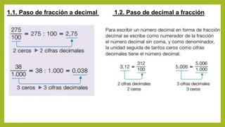 1.1. Paso de fracción a decimal 1.2. Paso de decimal a fracción