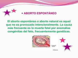  ABORTO ESPONTÁNEO


 El aborto espontáneo o aborto natural es aquel
que no es provocado intencionalmente. La causa
 más frecuente es la muerte fetal por anomalías
 congénitas del feto, frecuentemente genéticas.
 