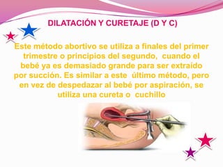 DILATACIÓN Y CURETAJE (D Y C)

Este método abortivo se utiliza a finales del primer
  trimestre o principios del segundo, cuando el
 bebé ya es demasiado grande para ser extraído
por succión. Es similar a este último método, pero
 en vez de despedazar al bebé por aspiración, se
           utiliza una cureta o cuchillo
 
