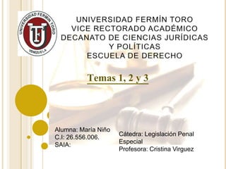 Temas 1, 2 y 3
Alumna: María Niño
C.I: 26.556.006.
SAIA:
Cátedra: Legislación Penal
Especial
Profesora: Cristina Virguez
 
