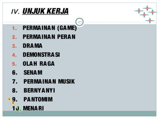 27 
IV. UNJUK KERJA 
1. PERMAINAN (GAME) 
2. PERMAINAN PERAN 
3. DRAMA 
4. DEMONSTRASI 
5. OLAH RAGA 
6. SENAM 
7. PERMAINAN MUSIK 
8. BERNYANYI 
9. PANTOMIM 
10. MENARI 
 