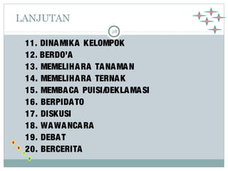28 
LANJUTAN 
11. DINAMIKA KELOMPOK 
12. BERDO’A 
13. MEMELIHARA TANAMAN 
14. MEMELIHARA TERNAK 
15. MEMBACA PUISI/DEKLAMASI 
16. BERPIDATO 
17. DISKUSI 
18. WAWANCARA 
19. DEBAT 
20. BERCERITA 
 